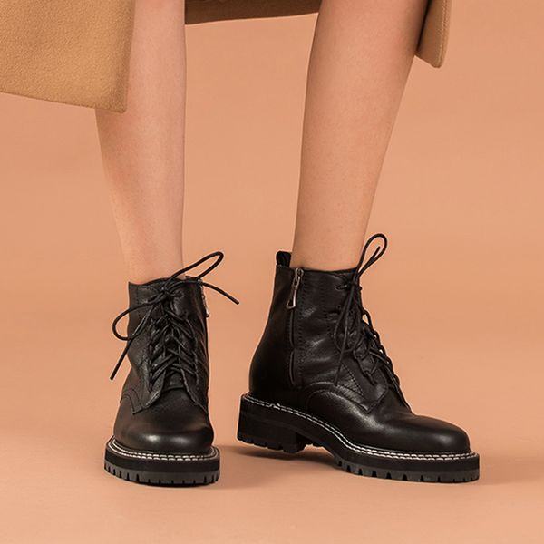 

women ankle boots winter platform shoes western boots cow leather lace-up slide lady fashion shoes zapatos invierno mujer, Black