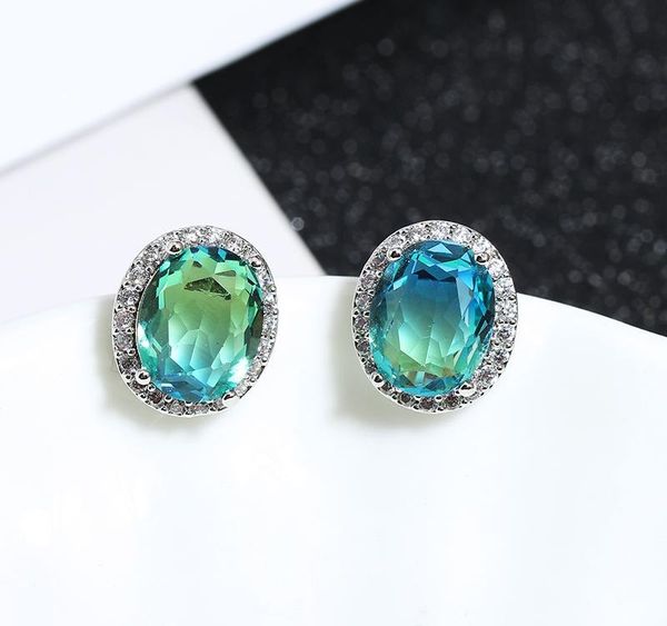 

wholesale new design trendy true oval tourmaline zircon/crystal green stud earrings women party sparkling fine charms01, Golden;silver