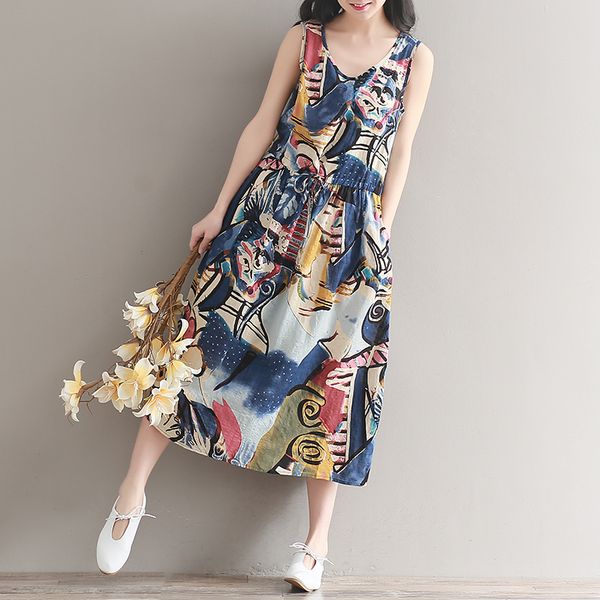 

2020 new spring summer mori girl cotton print loose dress women summer o-neck sleeveless vest long beach dress, Black;gray