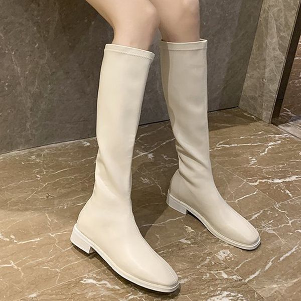 

black beige elastic pu leather long boots women slim fit low heel knee high boots woman autumn winter platform shoes lady