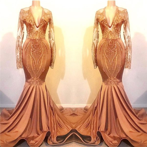 

Orange Prom Dresses 2020 New Mermaid Long Sleeves Vintage Applique Sequin Long Evening Gowns Formal Custom