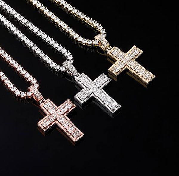 

iced out cz bling baguette style cross pendant necklace mens micro pave cubic zirconia gold silver rose gold necklace