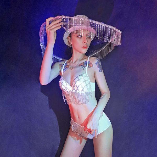 

stage wear bar performance clothing nightclub costume tassel hat bikini pole dance rave suit female festival outfit dn6352, Black;red