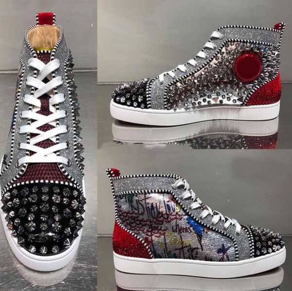 

selling elegant brand loubi sneakers strass & spikes casual high men red bottom shoes red sole women skateboard walking with box, Black