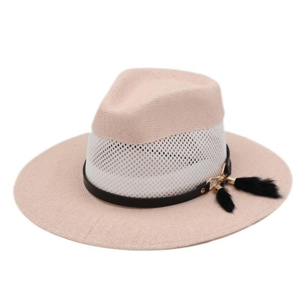 

mistdawn women's summer mesh panama hat big flat brim beach sun straw fedora cap w/ feather tail leather band, Blue;gray
