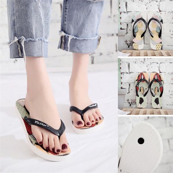 

summer slippers women fashion casual ladies girls floral flat sandals beach clip toe flip flops soft bottom printing slipper, Black