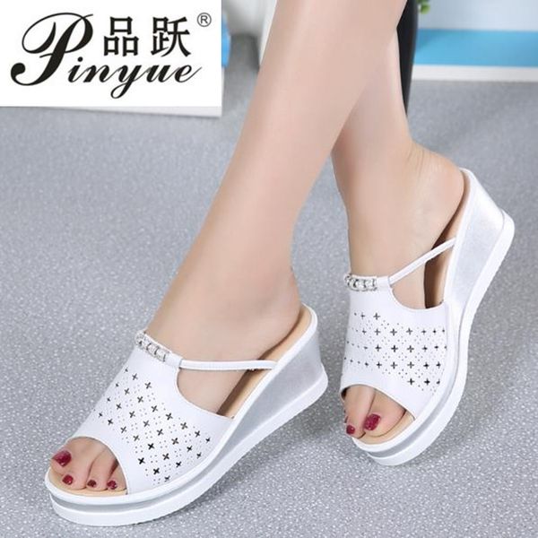 

2020 summer women flip flops platform sandals shoes ladies white middle heel peep toe slides sandals hollow out shoes 922, Black