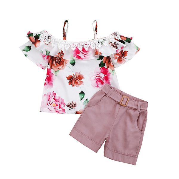 

fashion girls clothing summer girl set floral blouse + shorts sets for kids, White