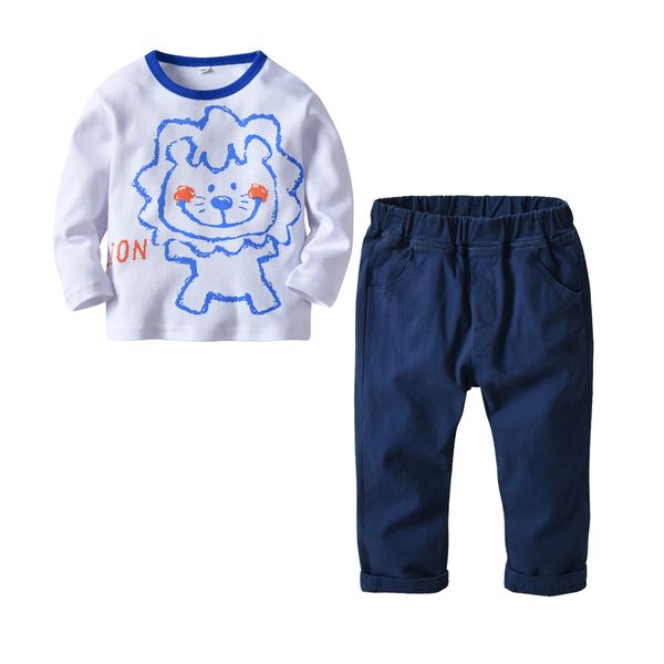 

cross-border children's clothing for boys hit the color round neck long-sleeved t-shirt printed lion woven pants sapphire blue two-piec, White