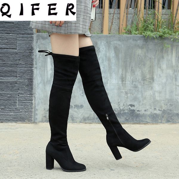 

boots women thigh high fashion suede leather heels lace up female over the knee plus size shoes 2021, Black