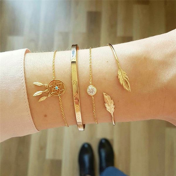 

modyle 4 pcs/ set vintage dream catcher bracelets boho leaves chain opening gold color bracelet set for women fashion jewelry, Black