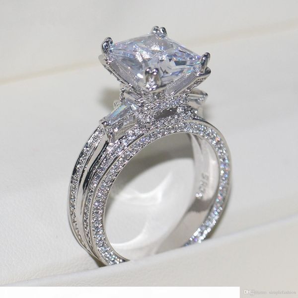 

vecalon women big jewelry ring princess cut 10ct diamond stone 300pcs cz 925 sterling silver engagement wedding ring gift, Slivery;golden