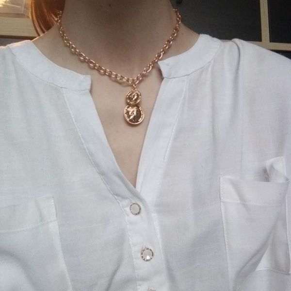 

trendy gold color two coin wide chain choker necklace for women girl, Silver
