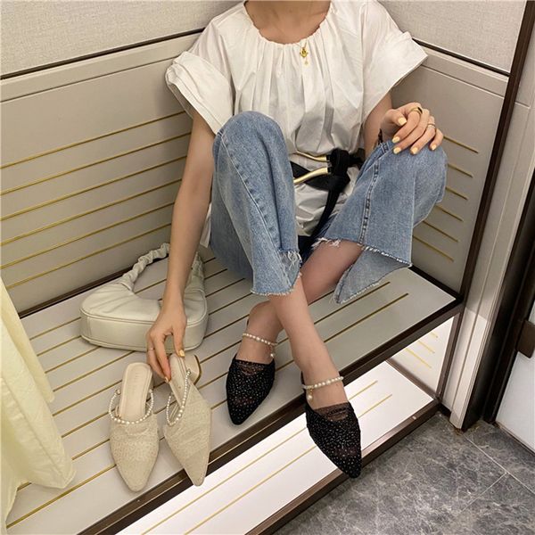 

women sandals woman shoes slippers pointed toe rhinestone slipper transparent mesh slides block heels shoes pearl casual mules, Black