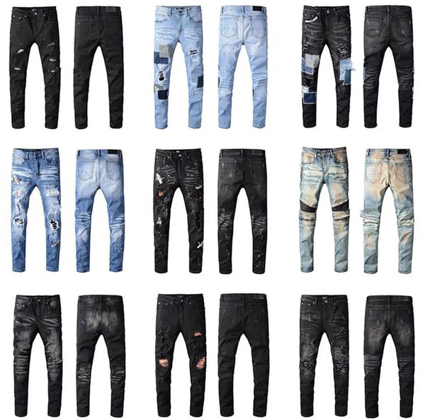 

mens distressed ripped biker jeans slim fit motorcycle biker denim for men fashion designer hip hop men jeans good quality, Blue