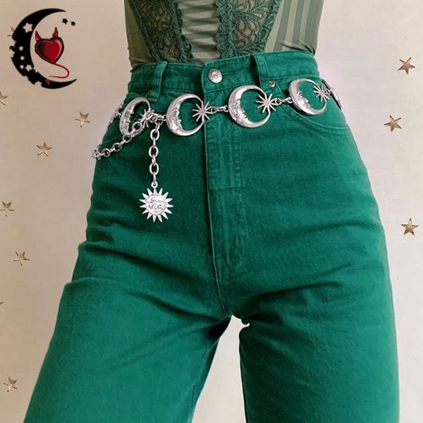 

harajuku punk moon metal belt for women high waist chain waist belts gothic vintage sun pendant belts female streetwear, Black;brown