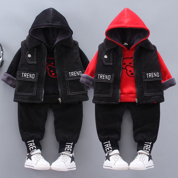 

baby boy clothes children winter plush thick hooded sweater set three-piece cartoon letters denim vest warm baby girl suit, White