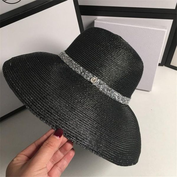 

2020 new summer metalic straw hat women wide brim sun protection beach hats shiny floppy foldable sun panama caps for ladies, Blue;gray