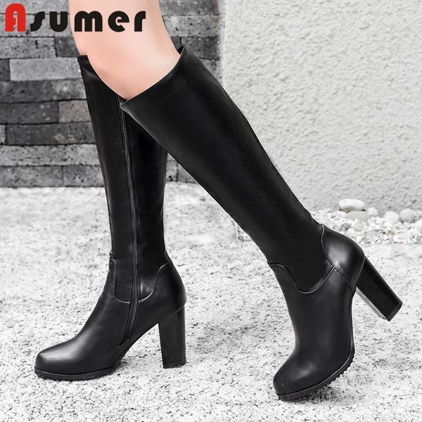 

asumer 2020 new explosions knee high boots women pu round toe zip classic high heel party shoes ladies autumn winter boots, Black