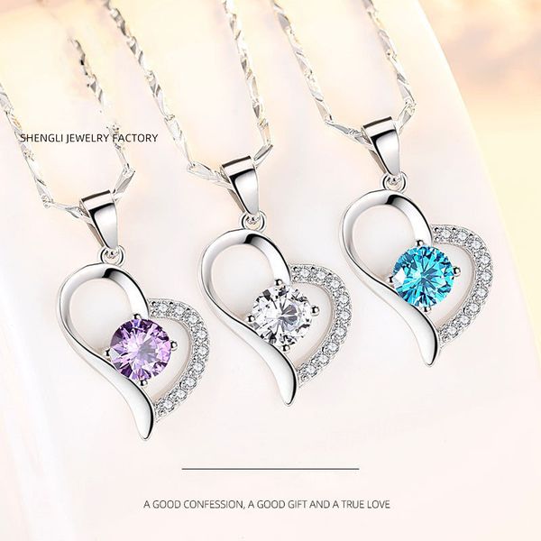 

s999 silver necklace female pendant crystal heart-shaped sterling silver jewelry clavicle chain korean version girlfriend birthday gift