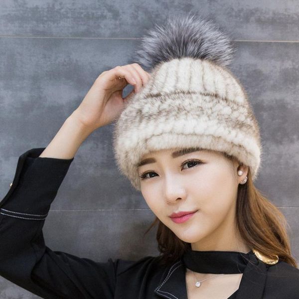 

fashion new grass hat, lady's winter thickening warm ear protectors, mink knitted caps, fur ball cap, Blue;gray