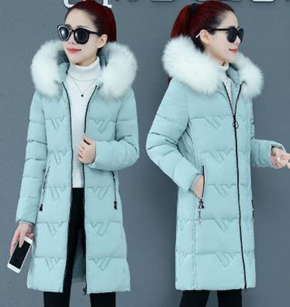 

wholesale fashion women's new winter big fur collar over the knee mid-length warm slim cotton coat, Black