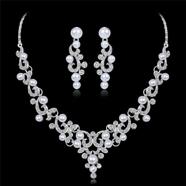 

rhinestone поддельный жемчужное ожерелье серьги женщин невесты комплект ювелирных изделий hot gift, Silver