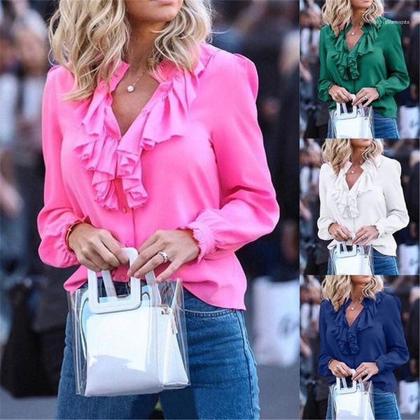 

рюши casual женской одежды весна женщины шифон рубашка мода твердых рубашки цвет v шеи длинного рукава с, White