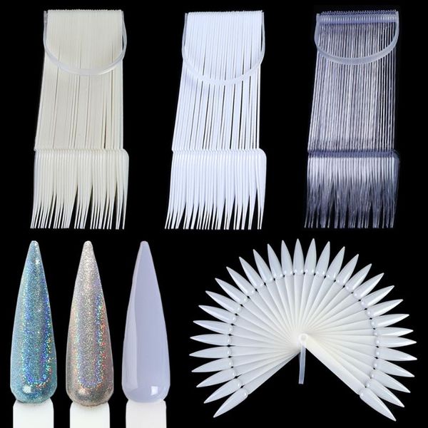 

32pcs nail art long stiletto false tips fan natural clear color chart palette nail display practice tools manicure nt1503-2, Red;gold