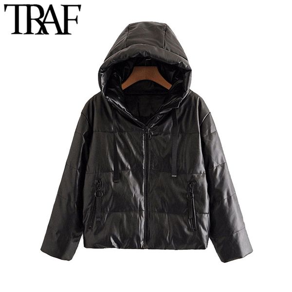 

traf women fashion thick warm faux leather padded jacket coat vintage long sleeve loose female outerwear chic, Black