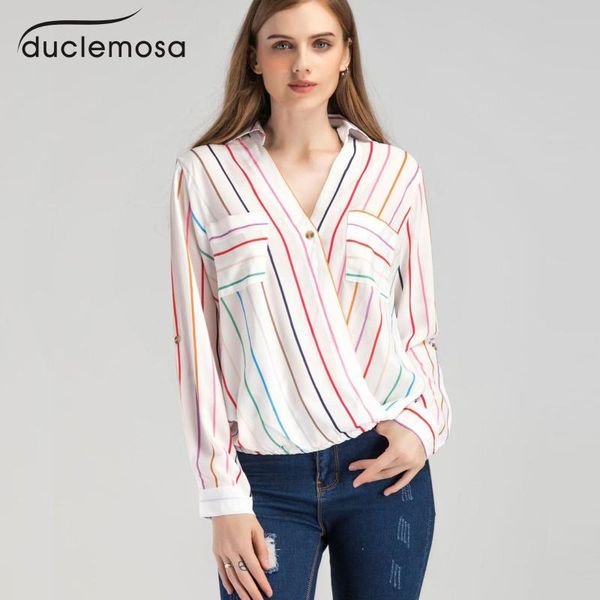 

duclemosa fashion casual chiffon rainbow striped women shirts v neck long sleeve spring summer blouse, White