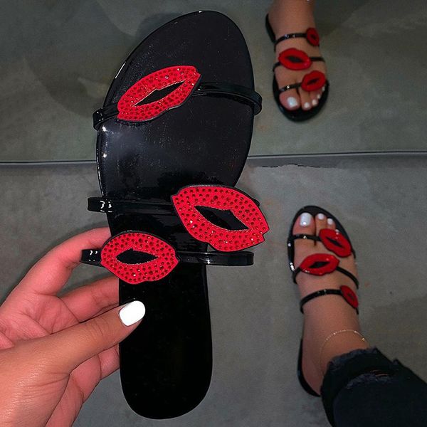 

2020 fashion women summer slippers red gold lips sandals flat ladies's beach flip-flops non slip rhinestones shoes, Black
