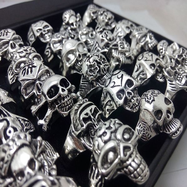 

bulk lots 100pcs men skull rings 2020 new gothic biker punk cool rings wholesale fashion jewelry lot, Silver