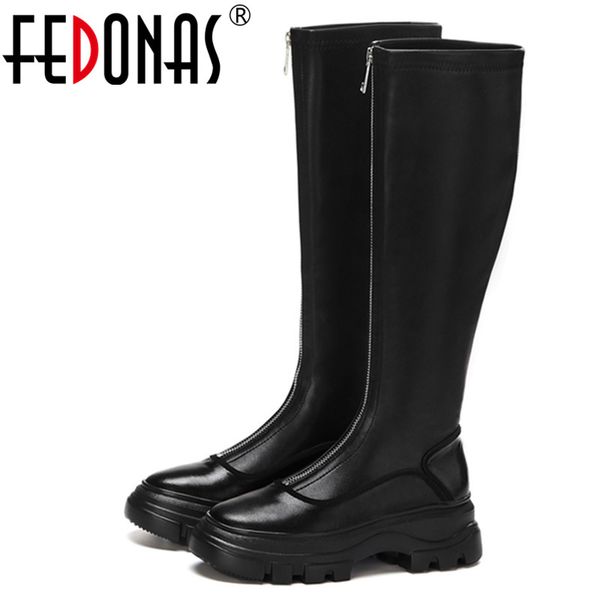 

boots fedonas sport flats platform women knee high party casual shoes woman genuine leather chunky heels long warm, Black