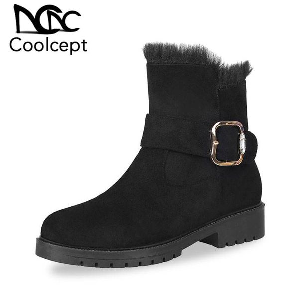 

coolcept winter ankle boots for women round toe low heel flock buckle zipper fur warm boots black ladies footwear size 30-43