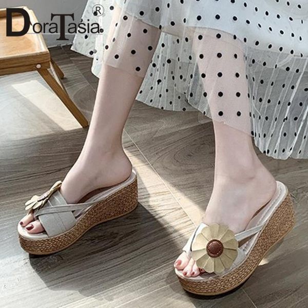 

doratasia ladies brand platform slides summer holiday decorating slippers women sweet flower high wedges shoes woman, Black