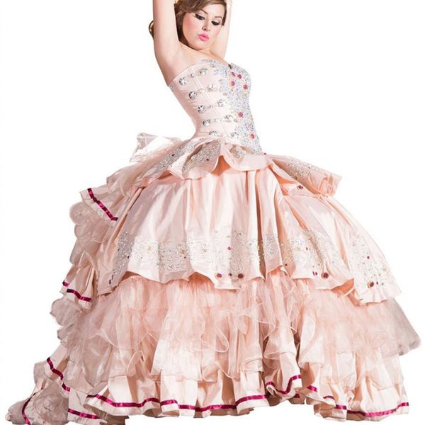 

sweetheart pink quinceanera prom dresses applique beaded organza ruffles skirt sweet 16 lace vestidos 15 anos, Blue;red