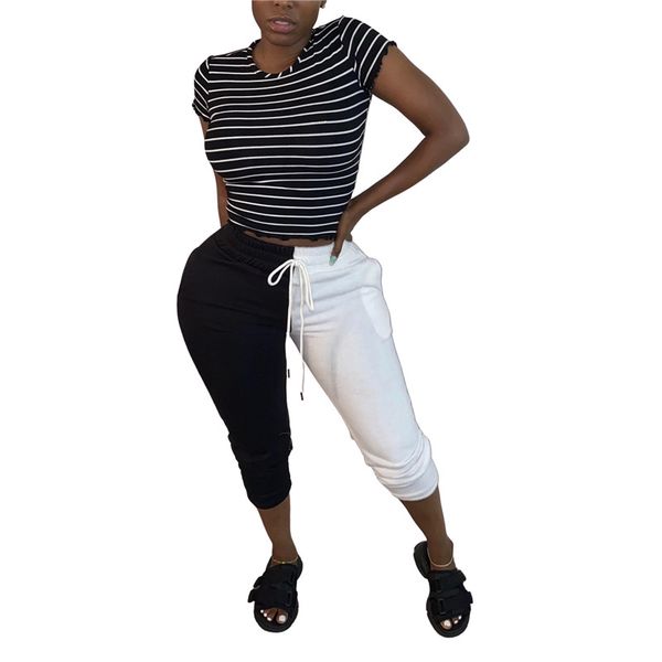 

women pants fashion black white panelled pencil pants casual elastic waist mid waist capris pants woman clothes