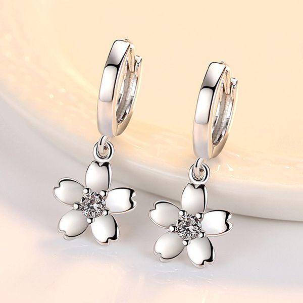 

new fashion pink white cubic zirconia cherry earrings for women female korean style lovely flower earrings jewelry accessories, Golden;silver