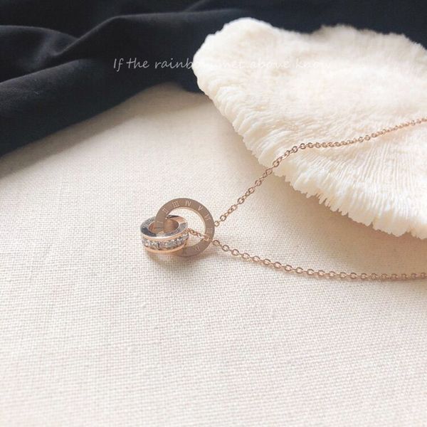 

double rose gold color necklace women jewelry ins style light clavicle chain cubic zirconia metal roman letter pendant necklace, Silver