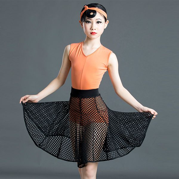 

stage wear latin dance dress girls tango rumba cha samba salsa practice clothing orange sleeveless bodysuit black mesh skirt dn6157, Black;red