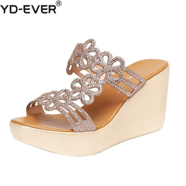 

plus size 41 platform shoes summer wedges slippers 2020 rhinestone wedding shoes high heels slides women slipper, Black