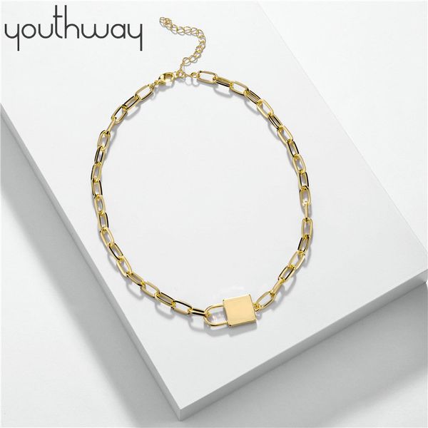 

rock choker lucky lock choker chain necklace fashion jewelry gold color short square chain necklace for men women, Silver