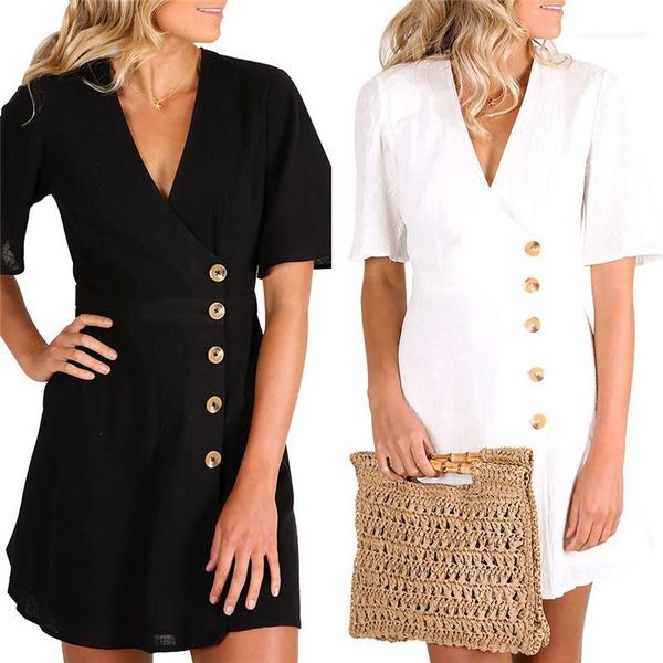 

single breasted a line dress ol style ladies clothes summer womens designer shirt dress short sleeve v neck, Black;gray