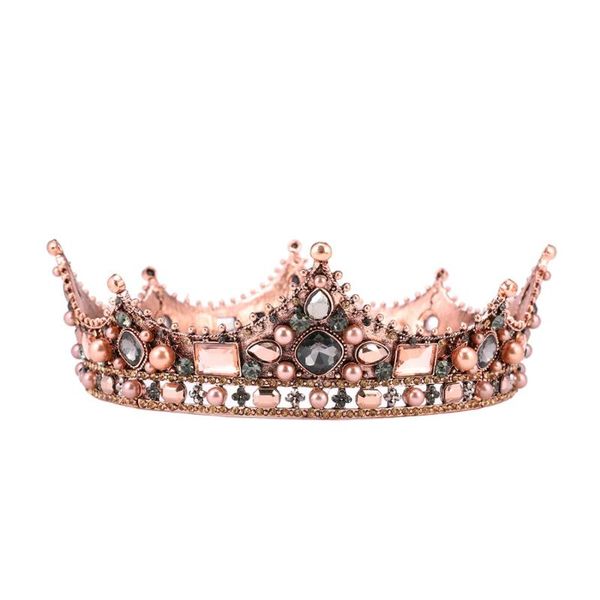 

baroque gold crystal pearl round queen wedding crown bridal tiara rhinestone diadem head piece jewelry hair accessories, Golden;silver