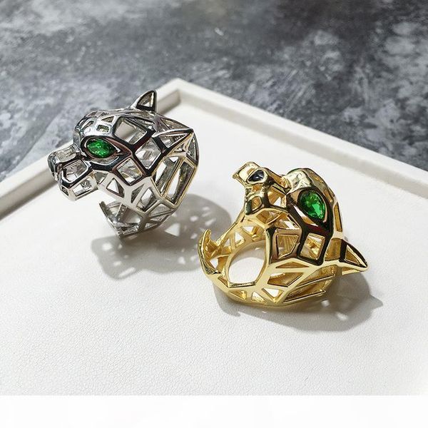 

selling european and american fashion ring beautiful copper-plated green-eyed tiger-eye leopard head opening couple ring, Silver