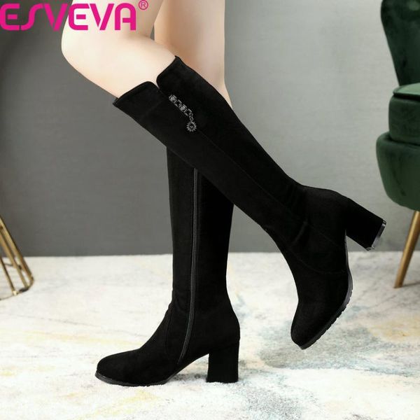 

esveva 2020 women shoes knee high boots nubuck leather square high heel fashion solid all match elegant zipper boot size 34-43, Black