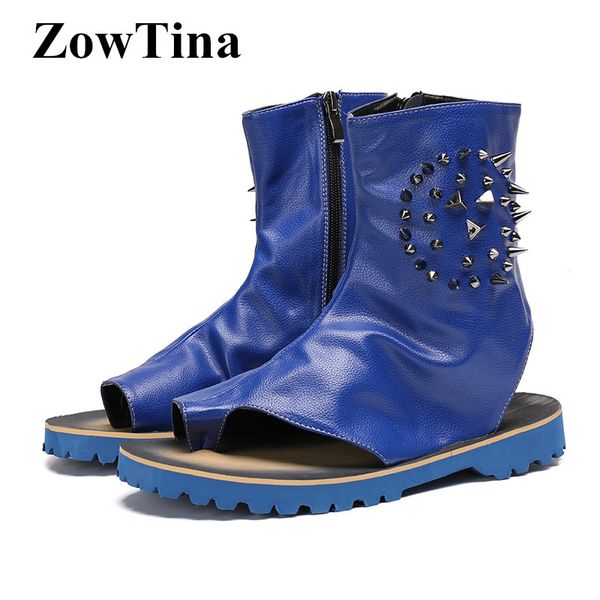 

blue leather men flats sandals rivets decor summer boot shoes man gladiator fashion flip flops beach sandalias masculino shoes, Black