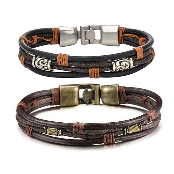 

2 pcs bracelet:1 pcs men's ladies bracelet, brown black & 1 men's leather bracelet tribal chain bracelet 22cm, Golden;silver