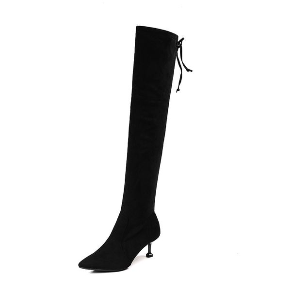 

new style pointed-toe elasticity thigh boot women's over-the-knee boots lace-up boots, Black